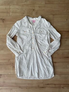 Lilly Pulitzer White Floral Shirt Dress Cotton Button Front Preppy Resort Medium